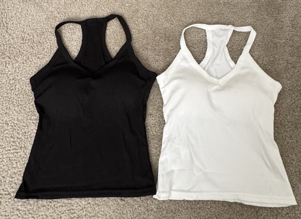 2 Pack Womens Medium V Neck Racerback Tank Tops Padded Built In Bra Black White